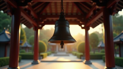 This minimalist photograph features a temple bell hanging in a wooden pavilion, gently swaying. The bell embodies the spiritual and cultural importance of Buddhism