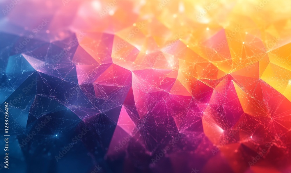 Poster abstract chaotic vibrant glowing polygons forming gradient layers, generative ai