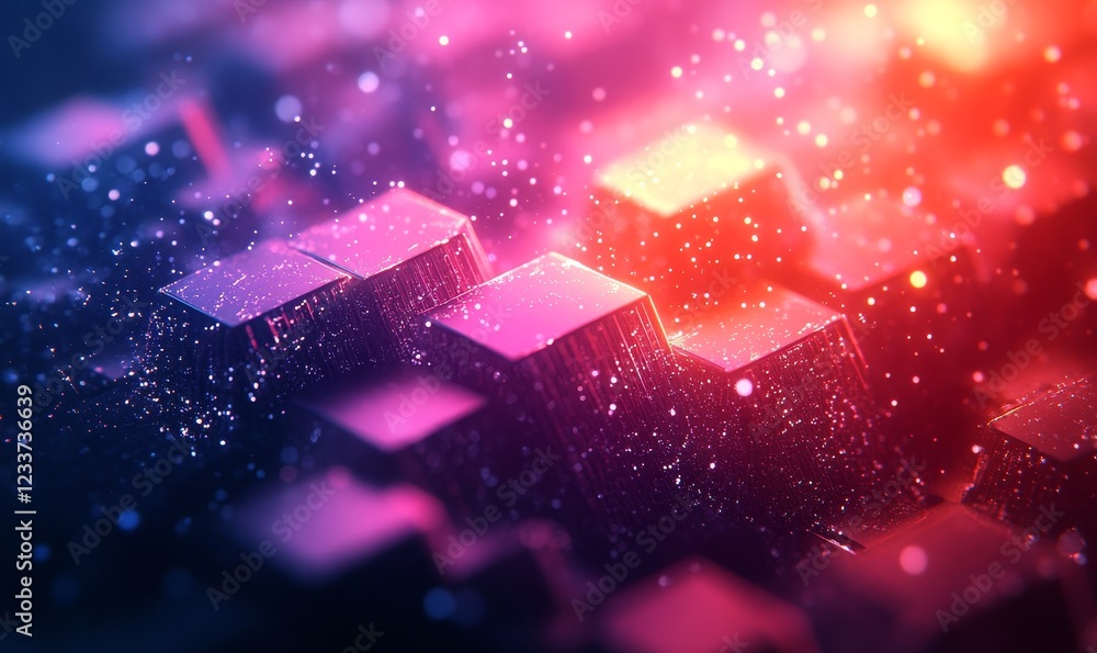 Poster abstract chaotic vibrant glowing polygons forming gradient layers, generative ai