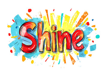 A bright and lively hand-drawn illustration of the word "Shine" with colorful text and decorative doodles on a white background.