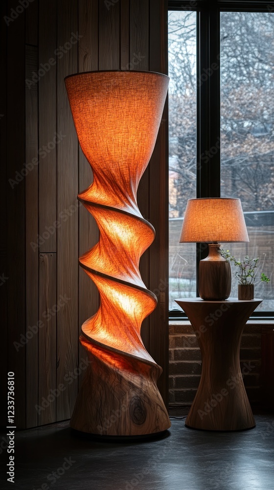 Wall mural Sculptural spiral floor lamp illuminates a room.