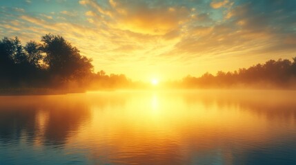 Obraz premium a stunning sunrise over a misty lake. The sun casts a warm, golden glow over the water, creating a serene and tranquil scene. 