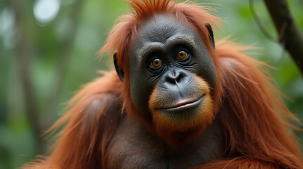 Obraz premium Portrait of a cute, smiling orangutan looking at the camera. A happy expression. Making a face. Native jungle habitat in the background. Endangered species. Indonisia and Malasia. A gentle giant.