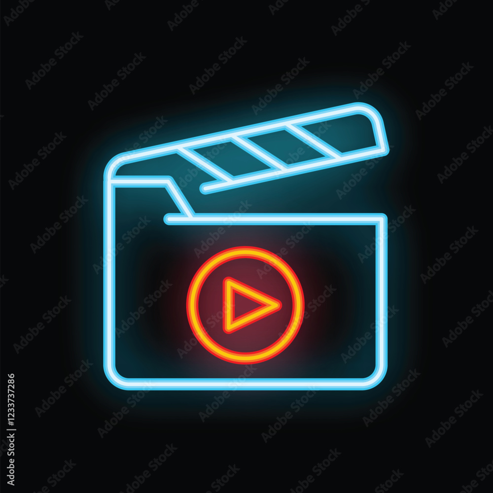 Poster neon clapperboard is glowing with a play button on a black background