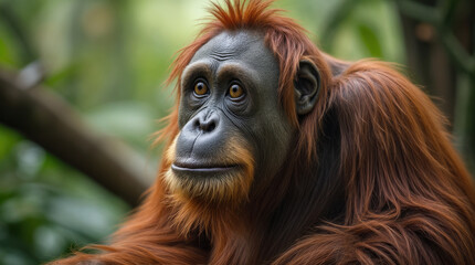 An old and wise orangutan with a surprised expression on his face. Beautiful brown eyes. Jungle habitat in the background. Endangered. Species. Native to Indonesia and Malaysia.