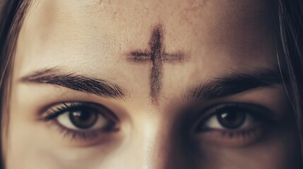 Close-up portrait of a woman with an ash cross on her forehead. Ash Wednesday concept.