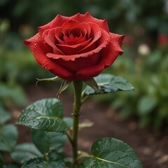 Fototapeta premium Close-Up of a Red Rose Blooming in the Garden
