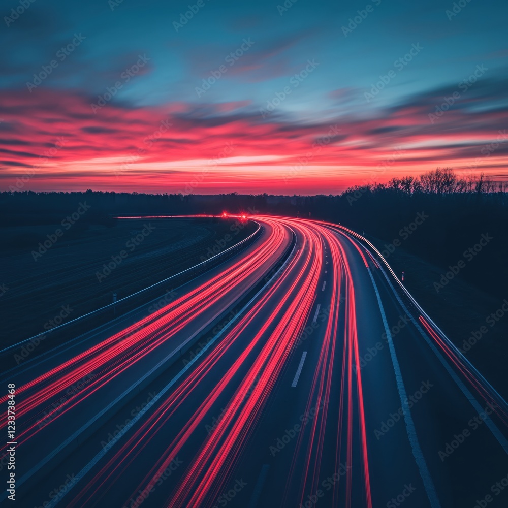Poster red light trails on highway at dusk with colorful sky above creating a dynamic scene