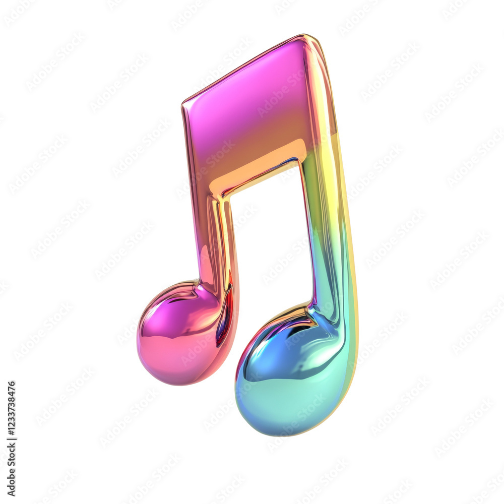 Poster A 3D rendering of two iridescent musical notes against a black background exhibiting a colorful gradient effect.