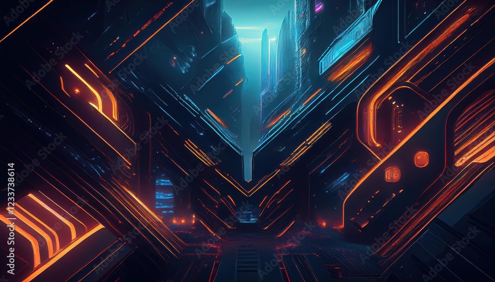 Poster immersive dark futuristic cityscape with hightech architecture, illuminated by neon lights and hover