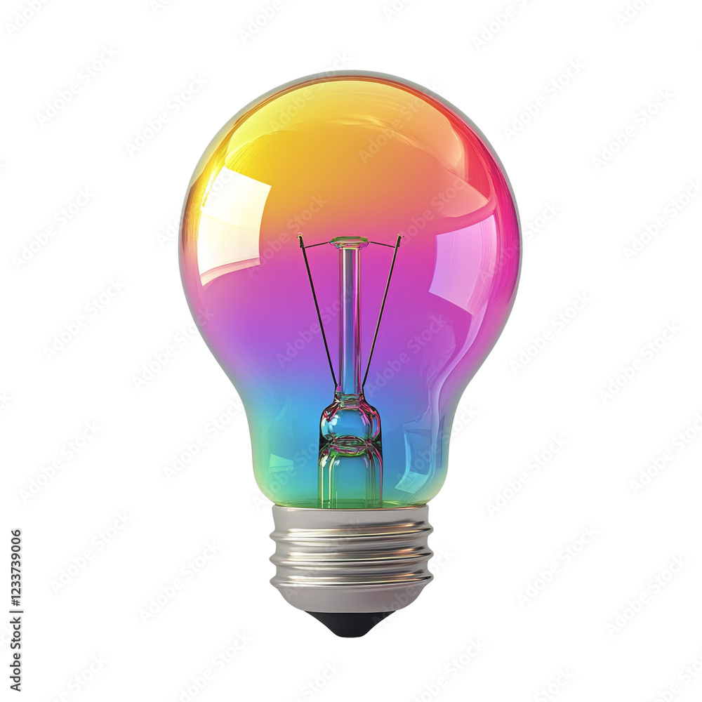 Poster The image shows a single iridescent lightbulb with a rainbow gradient effect glowing against a black background.