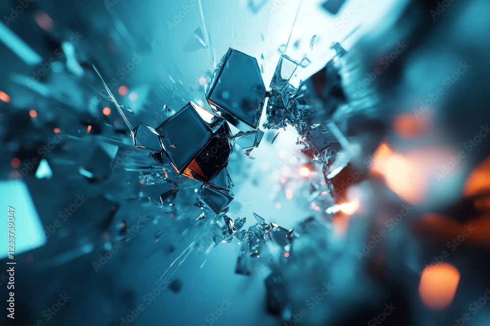 Poster abstract 3d rendering of shattered glowing surfaces. broken shapes suspended in futuristic space., g