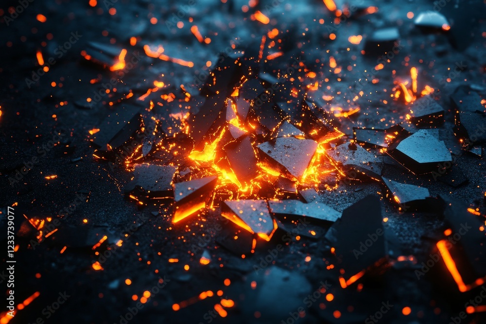 Poster abstract 3d rendering of shattered glowing surfaces. broken shapes suspended in futuristic space., g