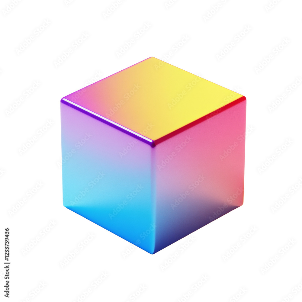 Poster The image shows a digitally rendered iridescent cube with a color gradient, set against a black background.