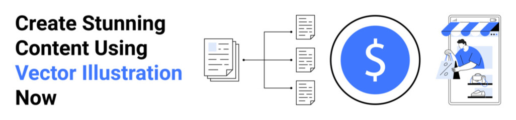 Documents connect to central workflow, leading to a dollar icon and storefront graphic. Ideal for digital marketing, e-commerce, workflow, monetization, finance, business strategy, flat landing page