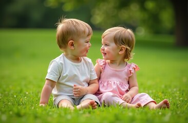 Siblings sitting on the grassy lawn