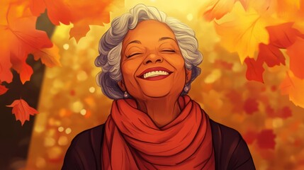 A cheerful cartoon portrait of an elderly woman with a stylish haircut, smiling warmly against a vibrant autumn background.