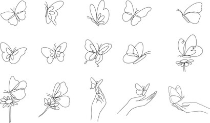 Butterfly outline set, one line, insect with hand outline and flower line art.vector illustration