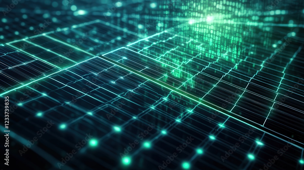 Wall mural a digital representation of a solar panel array with a glowing green futuristic data overlay, convey