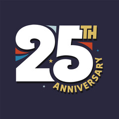 25th anniversary logo with bold modern font and celebration elements. 25 years wedding anniversary banner, poster, template design. Birthday, jubilee party greeting card. Vector illustration.