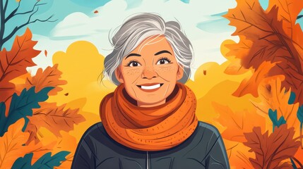 A cheerful cartoon portrait of an elderly woman with a stylish haircut, smiling warmly against a vibrant autumn background.