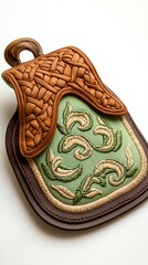 Isolated on a white background, artisanal crafts for pets of Artistic leatherwork showcasing intricate designs and craftsmanship, perfect for enthusiasts of handmade goods.