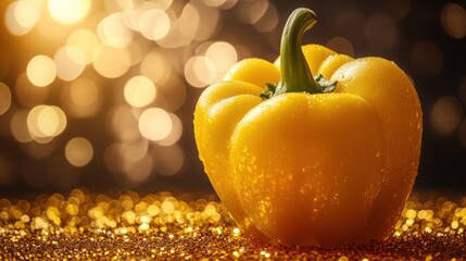 A glistening yellow bell pepper takes center stage, resting against a dazzling glittering background, creating a stunning contrast and a sense of vibrant freshness and bold excitement