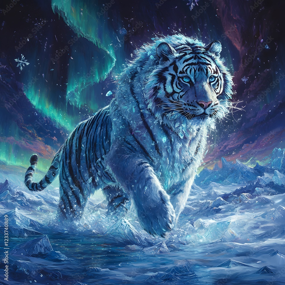 Poster magnificent crystal tiger with a gemstone mane prowls through an arctic tundra of sparkling ice shar