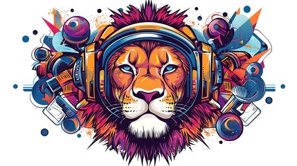 Vibrant illustration of a lion wearing headphones surrounded by colorful abstract shapes and elements
