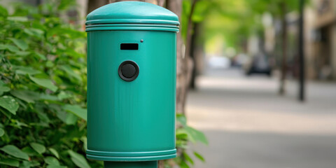 Fototapeta premium vibrant green mailbox stands amidst lush greenery, adding charm to urban landscape