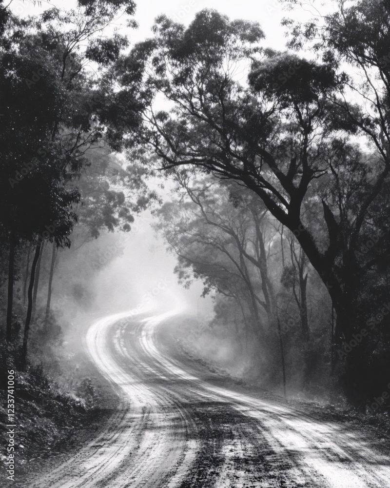 Poster winding road through a misty forest in black and white with trees and fog creating a moody scene