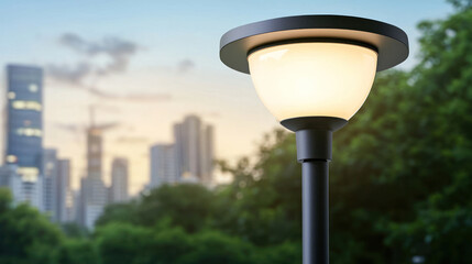 modern streetlight illuminates park at dusk, surrounded by city buildings. warm glow enhances serene atmosphere