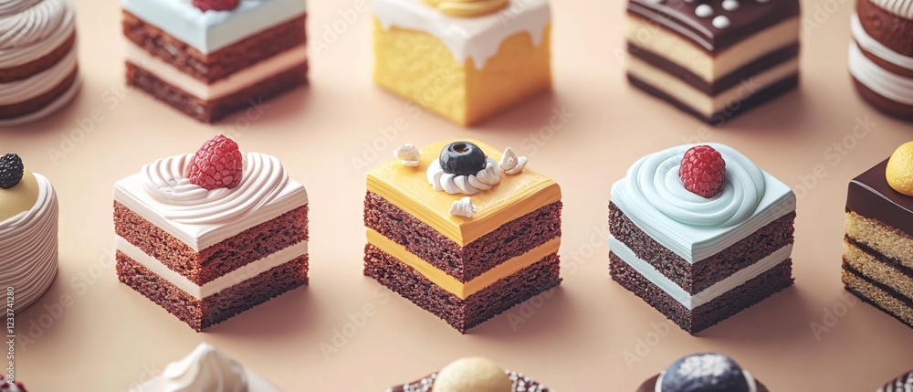 Poster assorted square cakes with frosting and fruit toppings on a light tan background arranged neatly