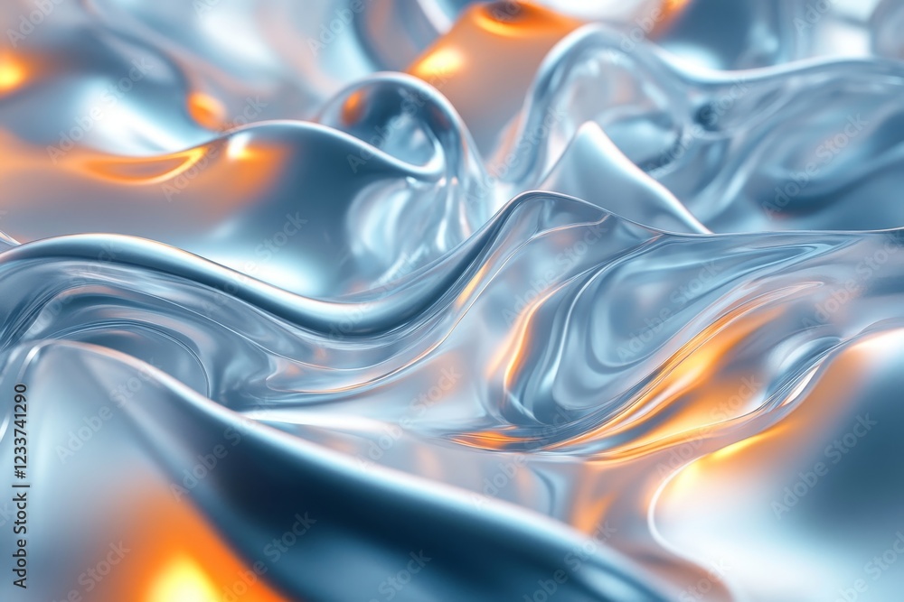 Poster abstract 3d rendering of rippling surfaces with metallic shine. futuristic shapes on a bright backdr