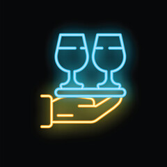 Neon sign representing a bartender hand holding a tray with two wine glasses on black background