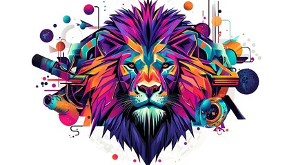 Vibrant illustration of a lion's head surrounded by abstract shapes and colors, showcasing creativity