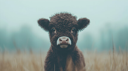 Fototapeta premium Highland calf stares, misty field background, farm animal portrait, idyllic rural scene