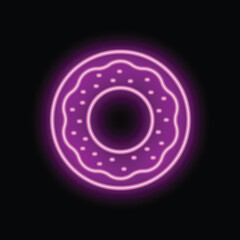 Bright pink neon sign showing a donut with sprinkles on a black background