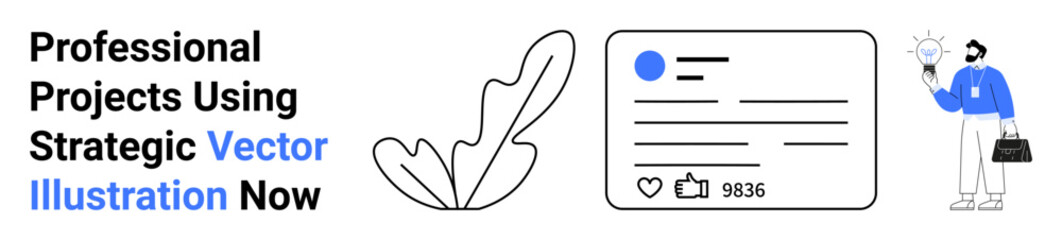 Large leaf design, interactive digital card with thumbs up count, professional with idea bulb. Ideal for innovation, technology, creativity, digital marketing, strategy, communication flat landing