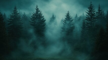 Enigmatic Foggy Forest: A Mystical Scene of Tranquil Pine Trees