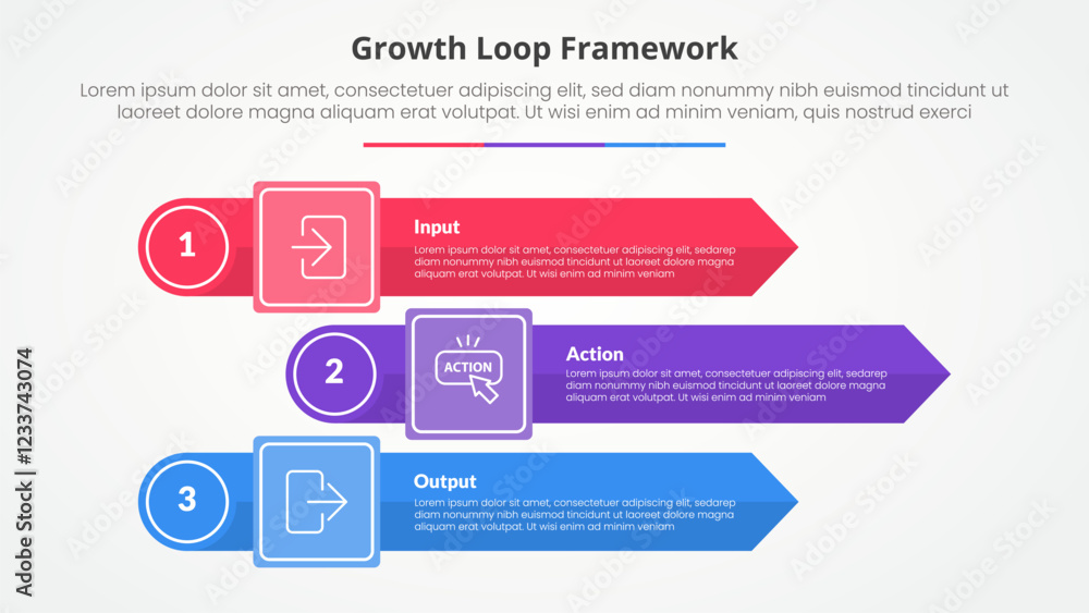 Poster growth loop framework infographic concept for slide presentation with rectangle arrow stack with cir