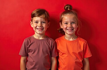 Adorable sporty girl and boy standing against red background
