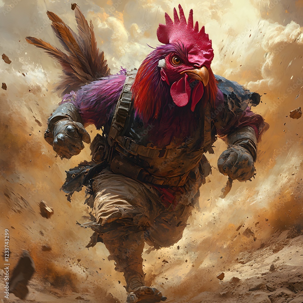 Poster massive purple rooster with a red comb and wattles wearing tattered pants and heavy combat boots cha
