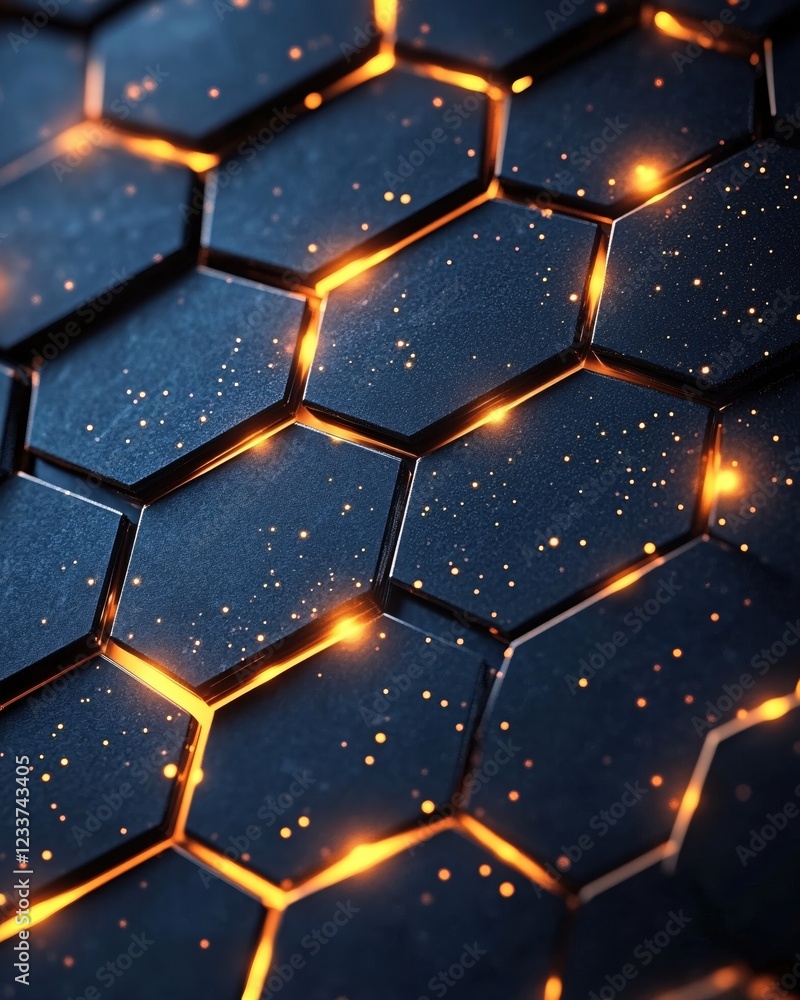 Poster Dark hexagonal pattern with glowing orange lines and bokeh effect creating a modern texture