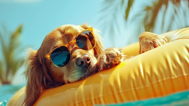 Golden retriever wearing sunglasses relaxing on pool float in tropical sunny weather.