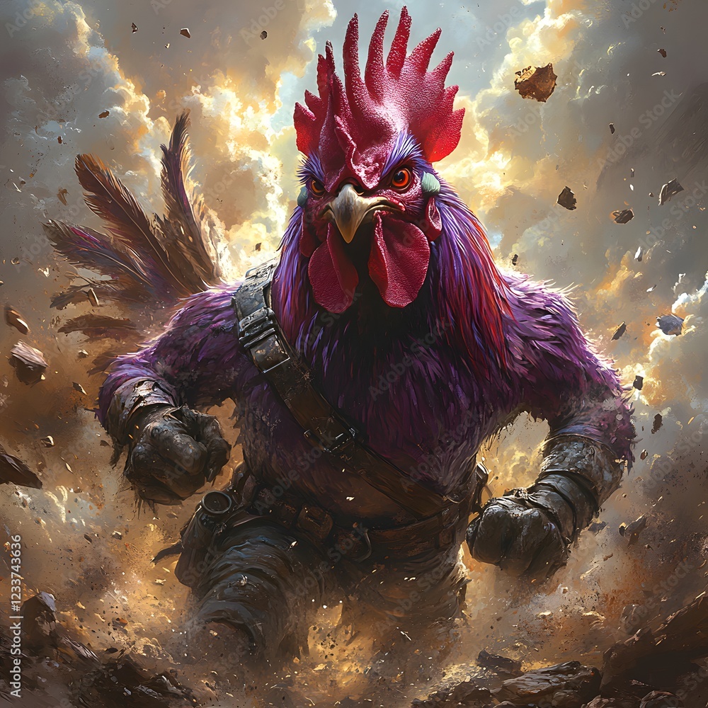 Aufkleber massive purple rooster with a red comb and wattles wearing tattered pants and heavy combat boots cha