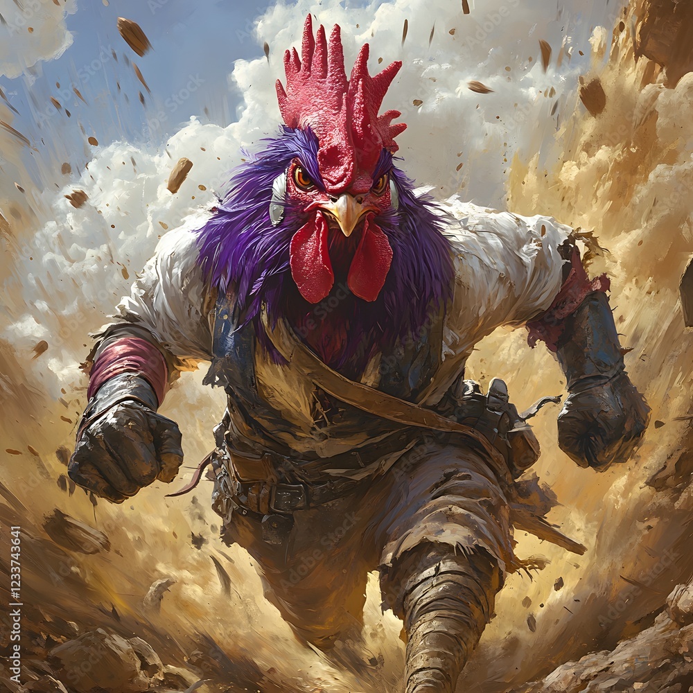Aufkleber massive purple rooster with a red comb and wattles wearing tattered pants and heavy combat boots cha