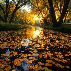 Obraz premium Autumn River Sunset: Golden Leaves and Sunlight