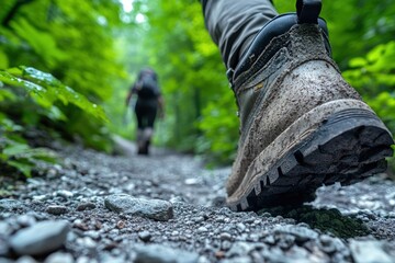 Hiker trekking on rocky trail surrounded by lush greenery