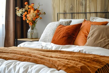 Interior of beautiful bedroom with white and orange tones, velvet bed, bedding, pillows and carpet